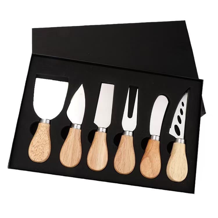 Manufacturer's stainless steel, rubber, and wooden handle cheese knife set, bamboo and wood butter knife, cheese and fruit fork, gift box packaging.