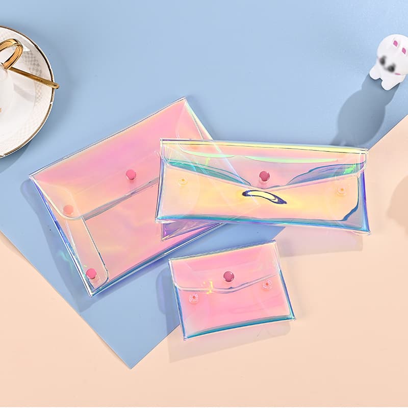 Factory supply PVC snap closure pouch laser stationery bag multi-size document storage bag student pencil case