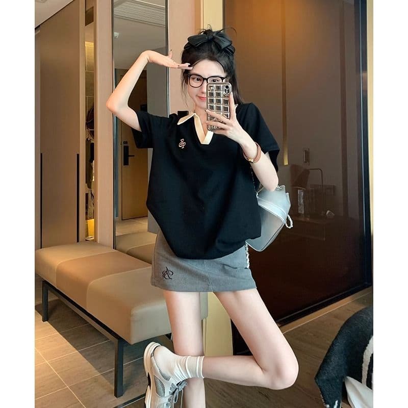 Regular Shoulder T-Shirt Plus Size Women's Summer Short Sleeve French Style Chubby Girls Belly Covering Slimming Unique POLO Collar V-Neck Top