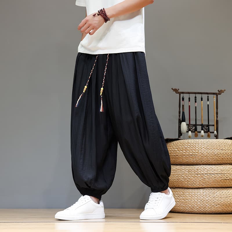 Ice Silk Pants for Men Summer Thin New Chinese Style National Trend Nine-tenths Wide-leg Lantern Pants Loose Harem Carrot Pants