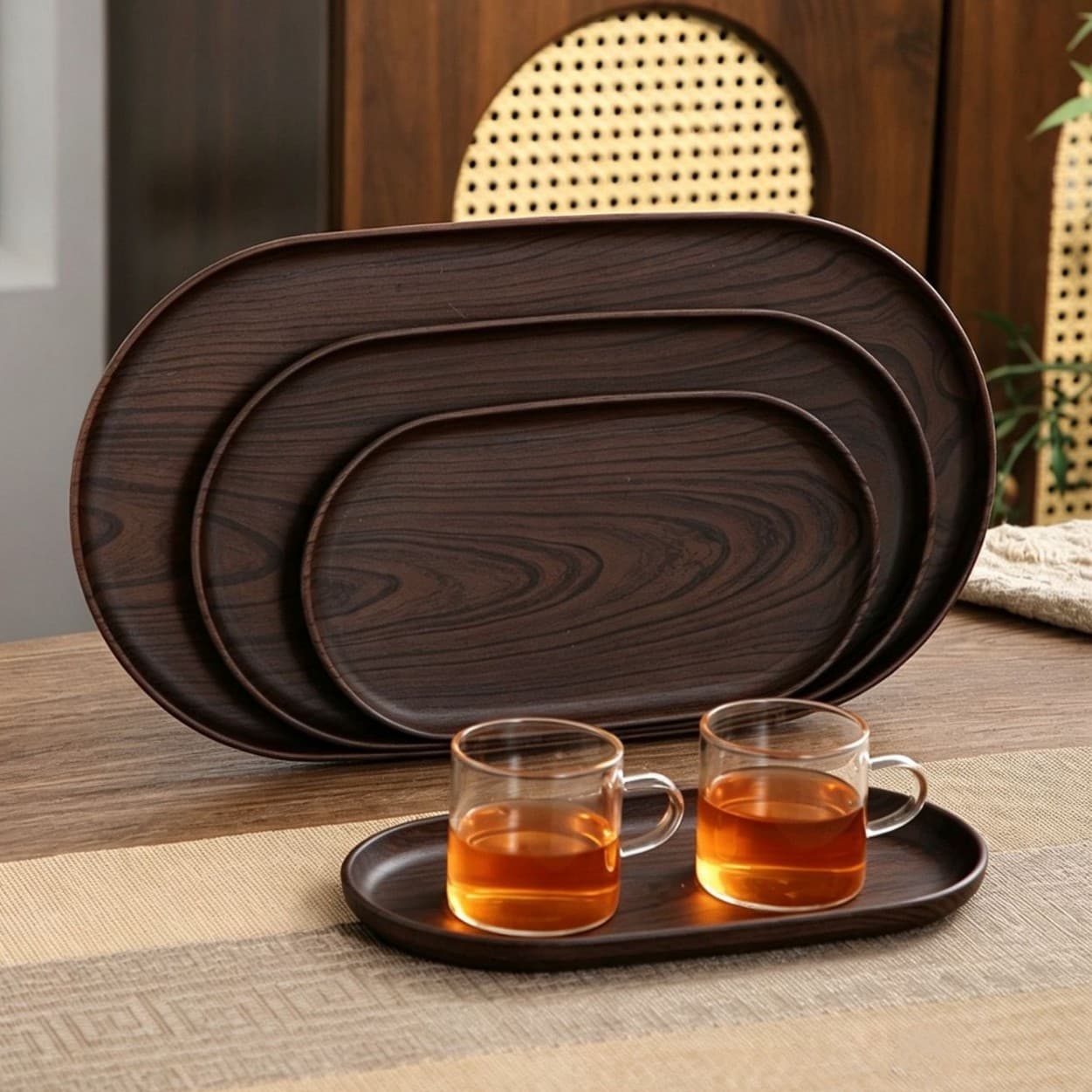 Hand-held tray, Chinese-style wood-grain oval PP plastic serving tray for home, commercial, cake, dessert, and fruit display