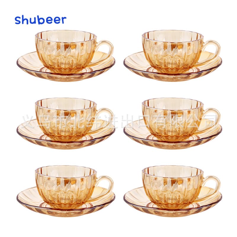 Minimalist Turkish Style Amber Coffee Cup and Saucer Set with Handle, Glass Material, Vertical Stripe Pattern