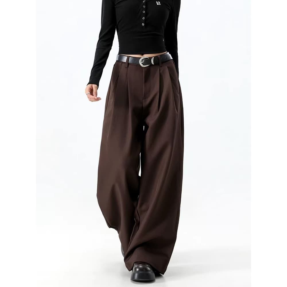 American Retro Maillard Brown Straight-Leg Suit Pants Women's Fall New Low-Waist Loose Slimming Thick Casual Pants