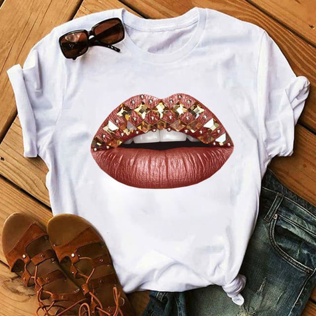 Plus Size Women's Clothing Wholesale Lip Print Fashion Letter Crew Neck Plus Size Top Women Crew Neck Short Sleeve T-Shirt Women