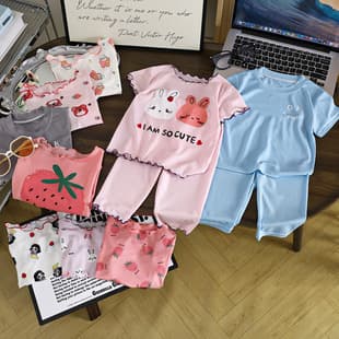 Boys' Home Wear Short Sleeve Set, Summer Pajamas, Girls' Ice Silk Air Conditioning Suit, Popular Summer Two-Piece Set for Kids