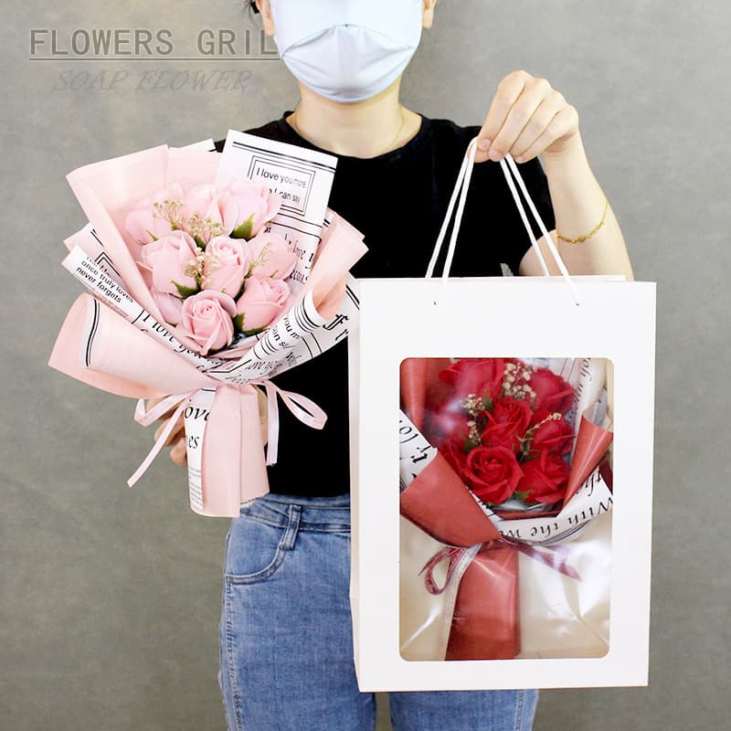 Creative Preserved Rose Bouquet of 9 Flowers for Valentine's Day, Birthday Gift Soap Flower with Tote Bag