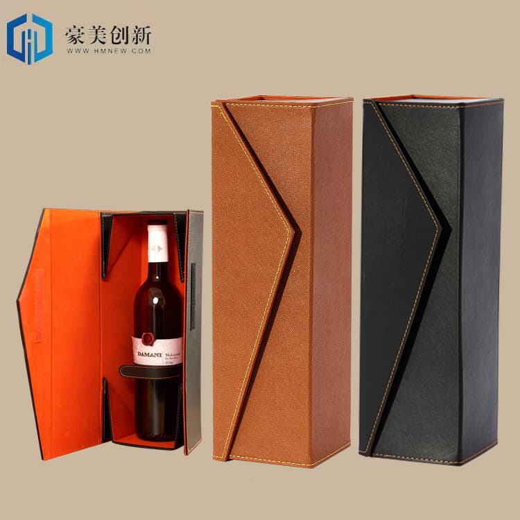 Empty wine box, wine packaging box, wine gift box, folding single bottle wine gift box, PU leather case.