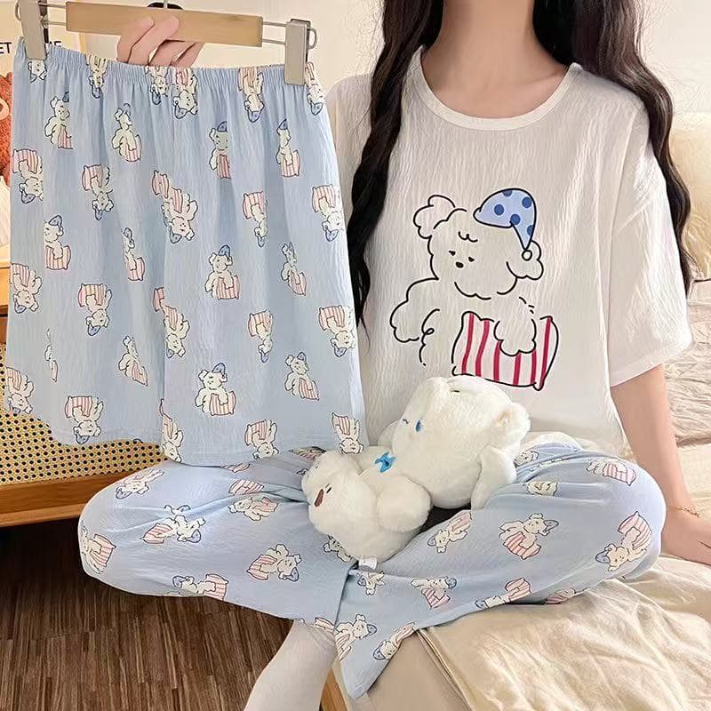 Wholesale Cartoon Summer Cloud Cotton Pajamas Women's Short-Sleeve Shorts Three-Piece Set Plus Size Long Pants