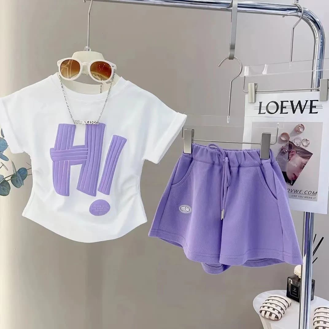 Girls Sports Suit Summer Wear Sweet New Style Girls Fashionable Short Sleeves Medium and Large Children Summer Internet Celebrity Shorts Two-piece Set