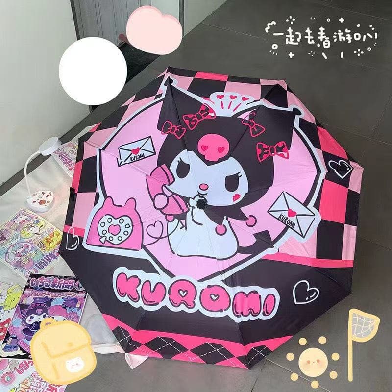 Cartoon Anime Kuromi Fully Automatic Black Vinyl Sun Umbrella Dual-use for Sun and Rain Student Shade Umbrella Wholesale In Stock