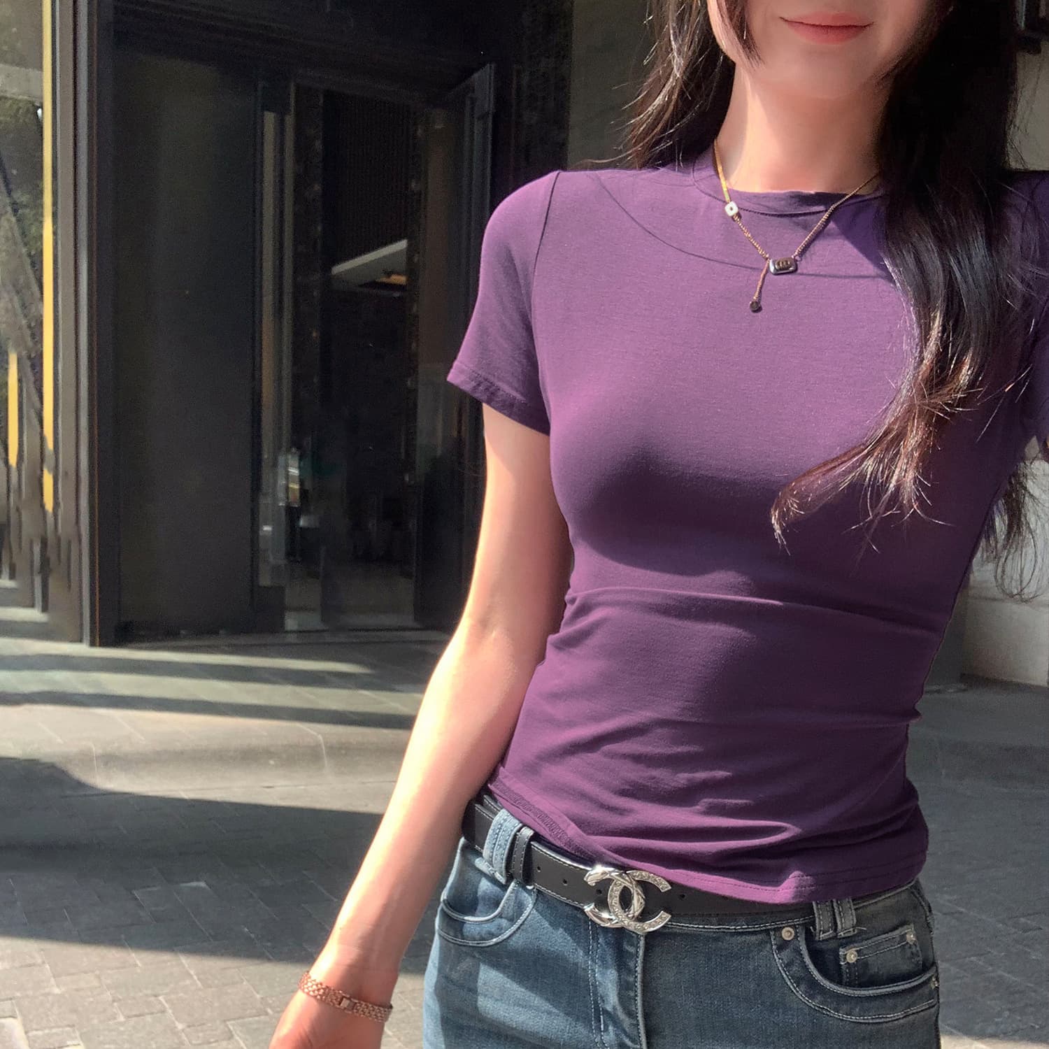 Modal right shoulder slim short-sleeved T-shirt for women summer new sports fitness hot girl chic inner wear slimming top