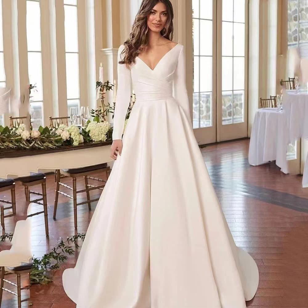 Long Sleeve Satin Light Wedding Dress 2026 New Bride Dress French High-end Premium Texture Main Train White Dress