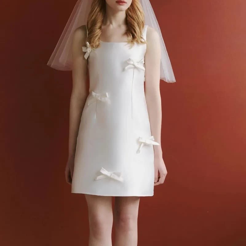 White Strapless Short Bow Light Wedding Dress Cross-border European and American Party Everyday Little White Dress Elegant Satin Evening Gown