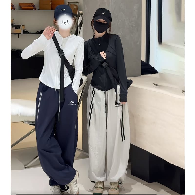 Autumn new high-waisted drawstring design casual pants for women, loose and versatile, slim embroidered sports side striped wide-leg pants