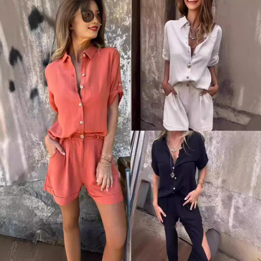 2024 New Spring/Summer Cotton Linen Short Sleeve Shorts Casual Set for Women for AliExpress Amazon TEMU Cross-Border E-commerce