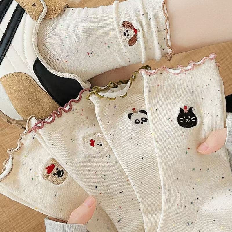 Scallop Edge Cartoon Socks Women Mid-Calf Socks Cute Autumn Cartoon Flocked Dot Yarn Lace Maternity Stacked Long Socks