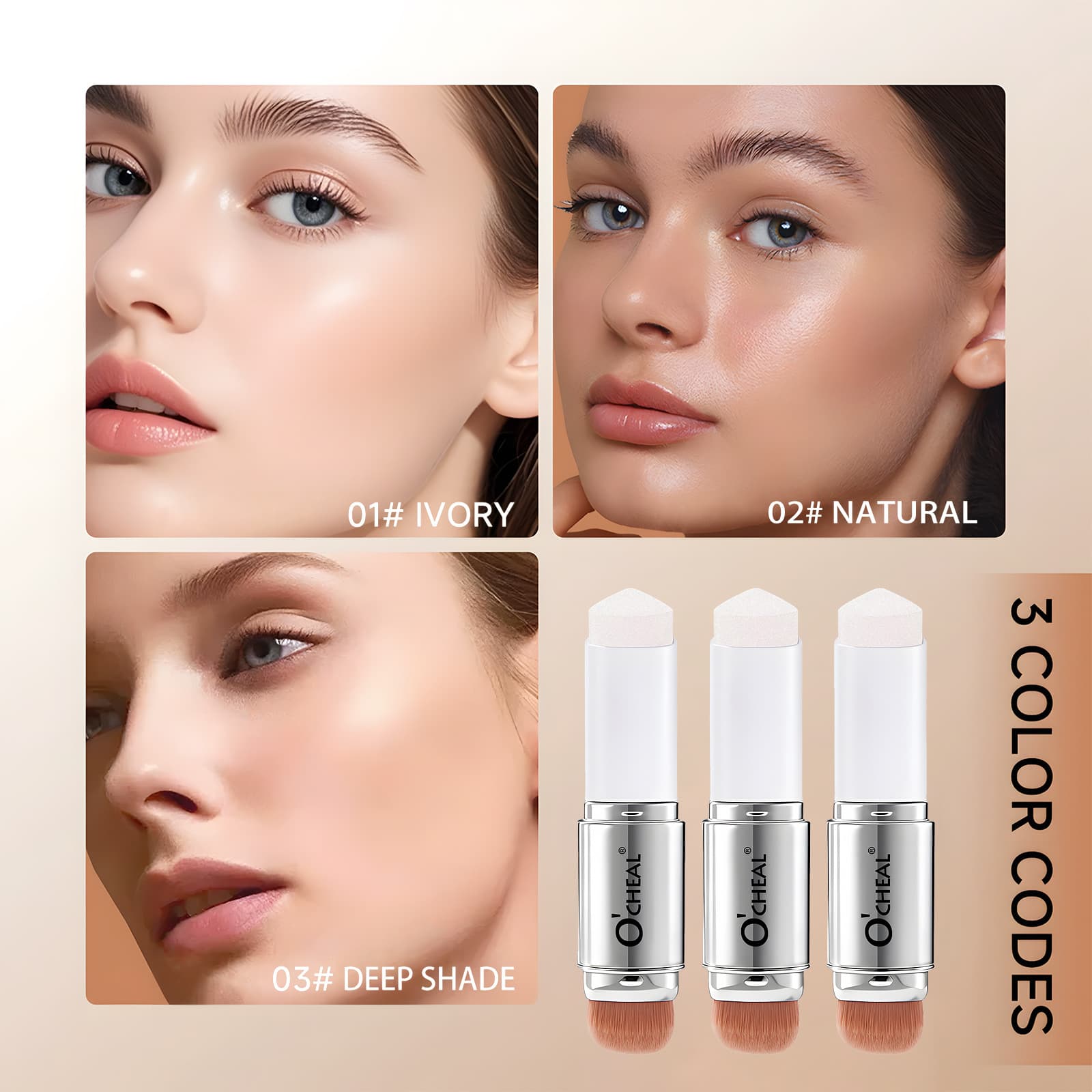 Cross-Border Foreign Trade Ouqianya Temperature-Changing Foundation Stick Full Coverage Concealer Brightening Long-Lasting Foundation Stick with Brush on the Bottom