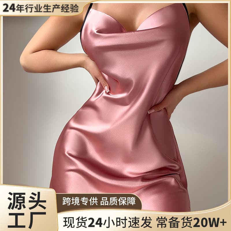 Cross-Border Bestseller Women's Pajamas, Ice Silk Backless Summer Fashion Comfortable Camisole Nightgown, European-American Sexy Lingerie Loungewear