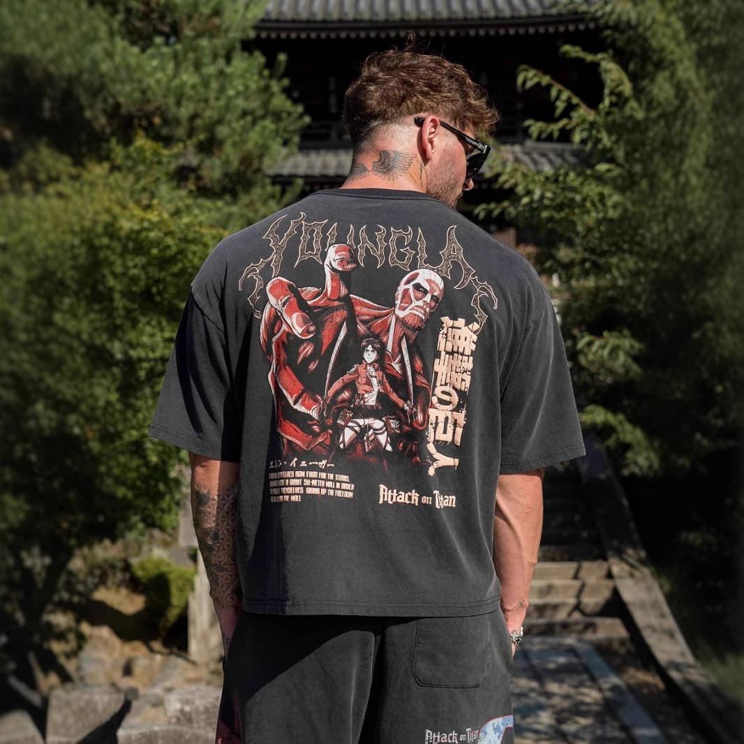 YOUNGLA x Attack on Titan Men's Oversized T-Shirt Jogger Gym Fitness Cotton Short Sleeve