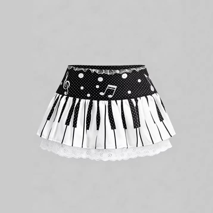 Japanese Hot Girl Punk Vintage Black White Piano Key Polka Dot Lace Short Skirt Piano Key Skirt Subculture Cake Skirt