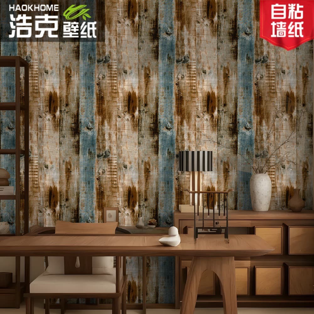 10 meters retro blue and brown aged vertical grain wood grain self-adhesive wallpaper American country restaurant renovation PVC background wallpaper