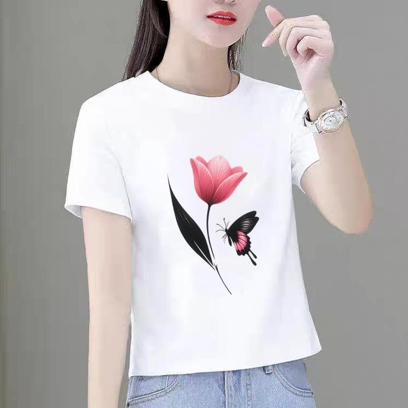 Trendy Floral Round-Neck Casual Printed Top Korean Style Base Shirt for Women Stylish Fashion Youth Ins Short-Sleeve T-Shirt