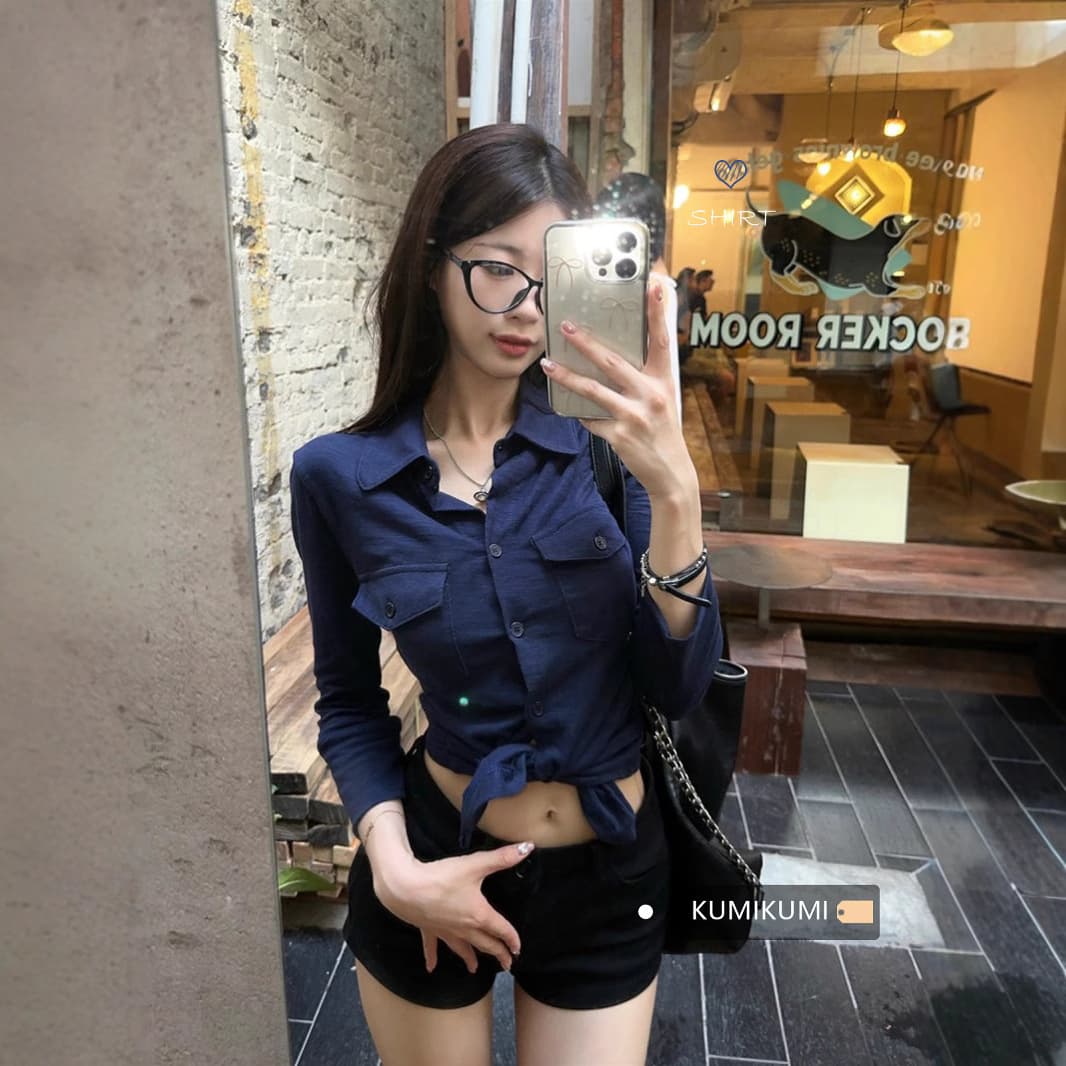 180g slub cotton, pure and sexy sexy shirt, slim-fitting strappy shirt, American cardigan top for women