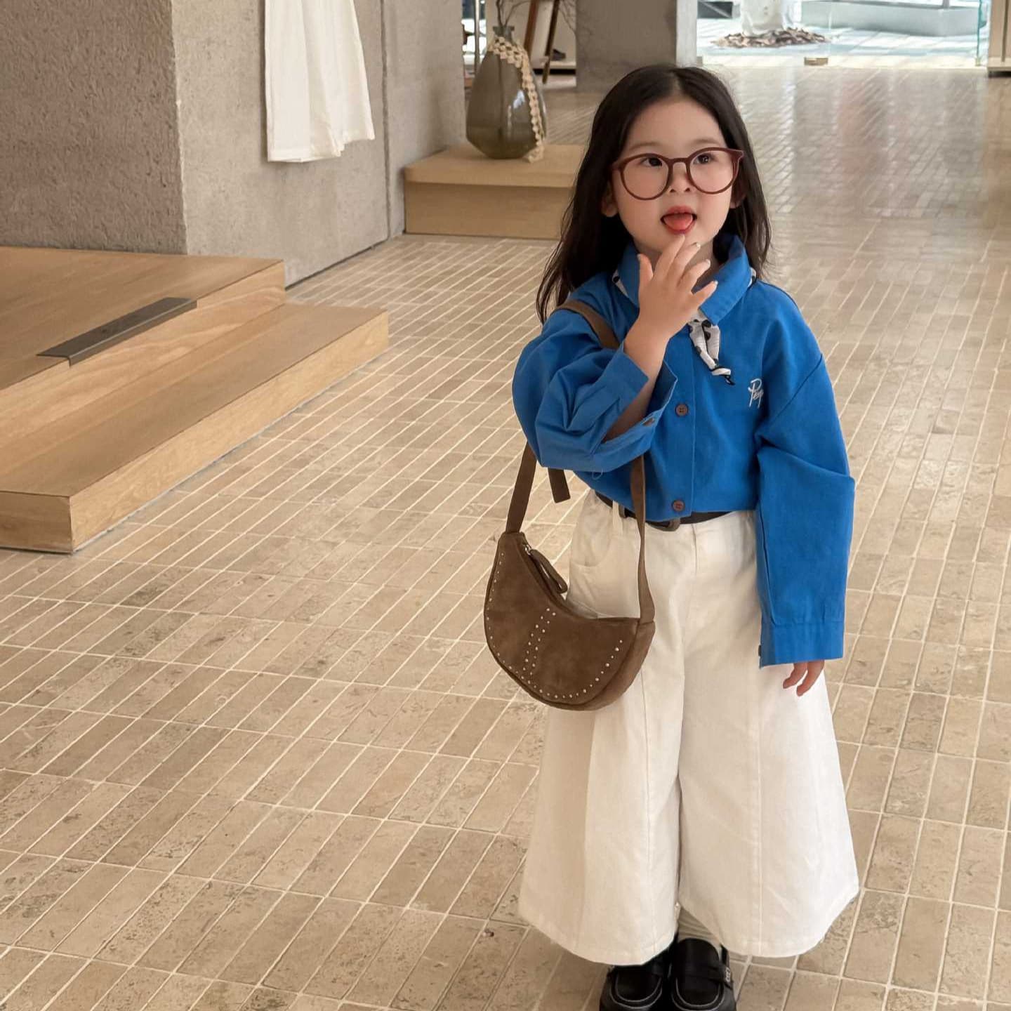 2025 Autumn New Children's Clothing Korean Style Girls' Premium Blue Solid Shirt Girls' Fall Top