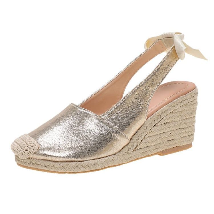 Women's European and American Snakeskin Pattern Hemp Rope Wedge Heel Sandals, Summer Closed-Toe Backless Sandals, Cross-Border Trade Large Size High-Heeled Women's Shoes