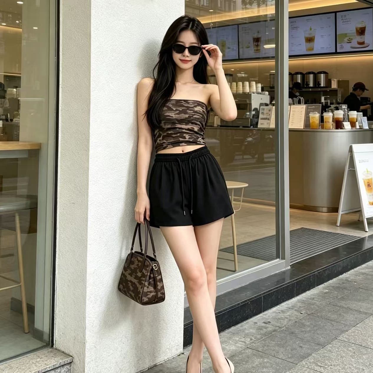 Camouflage Tube Top Sports Set for Women 2026 Summer New Drawstring Slim Five-Point Pants Korean Cool Quick-Dry Two-Piece Set