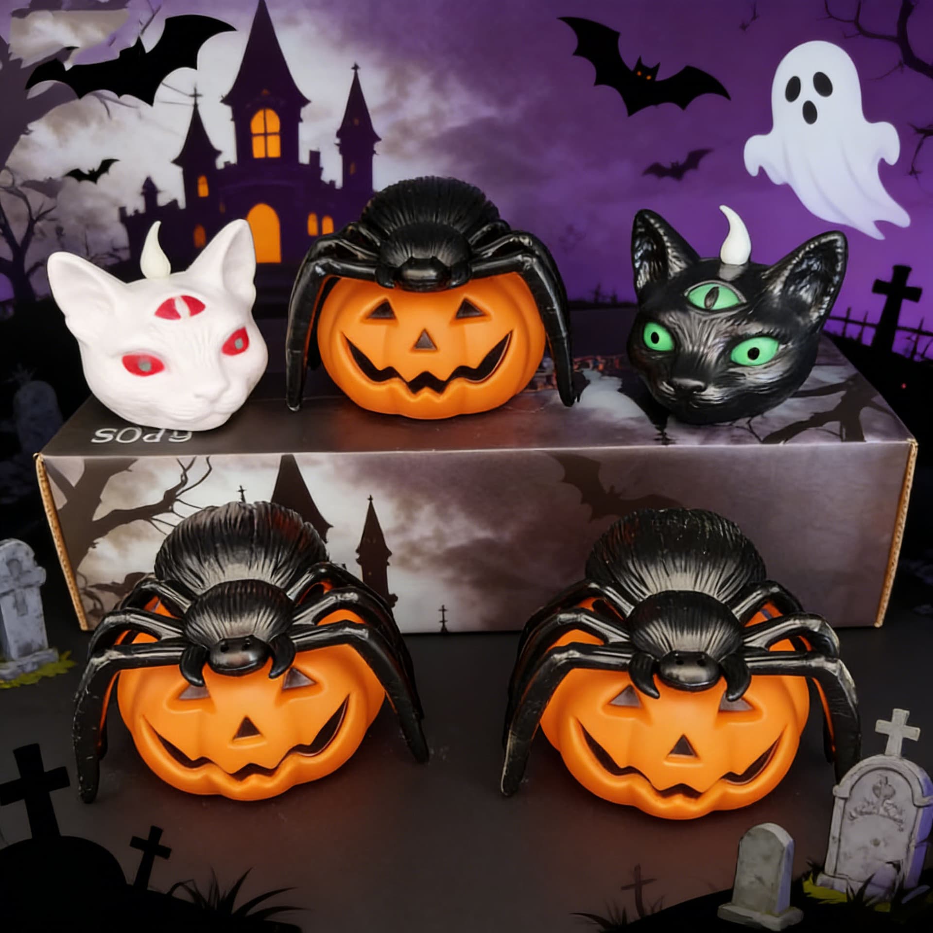 Halloween Decoration Jack-o'-Lantern Festival Layout Props Spider Pumpkin Funny Ornament LED Cat Head Ghost Light ins