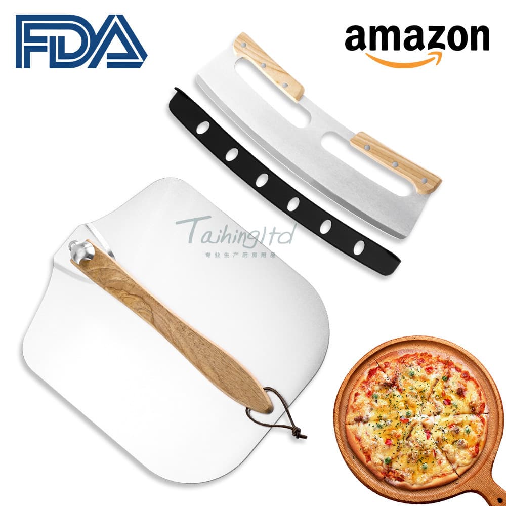 New Double-Handle Pizza Cutter Pizza Peel Oak Handle Pizza Peel Tool Stainless Steel Pizza Peel Set