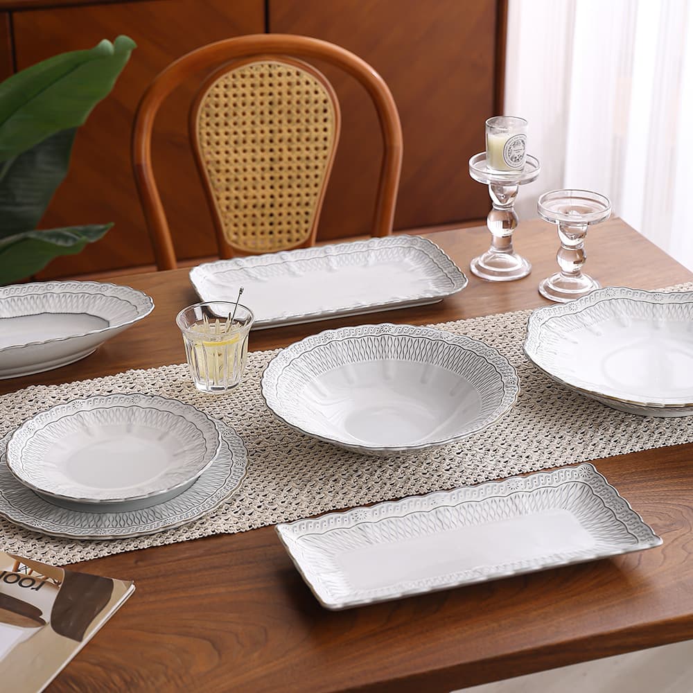 Vintage kiln glaze relief ceramic tableware, rice plate, soup plate, fish plate, salad plate, shallow plate, deep plate, hotel commercial wholesale