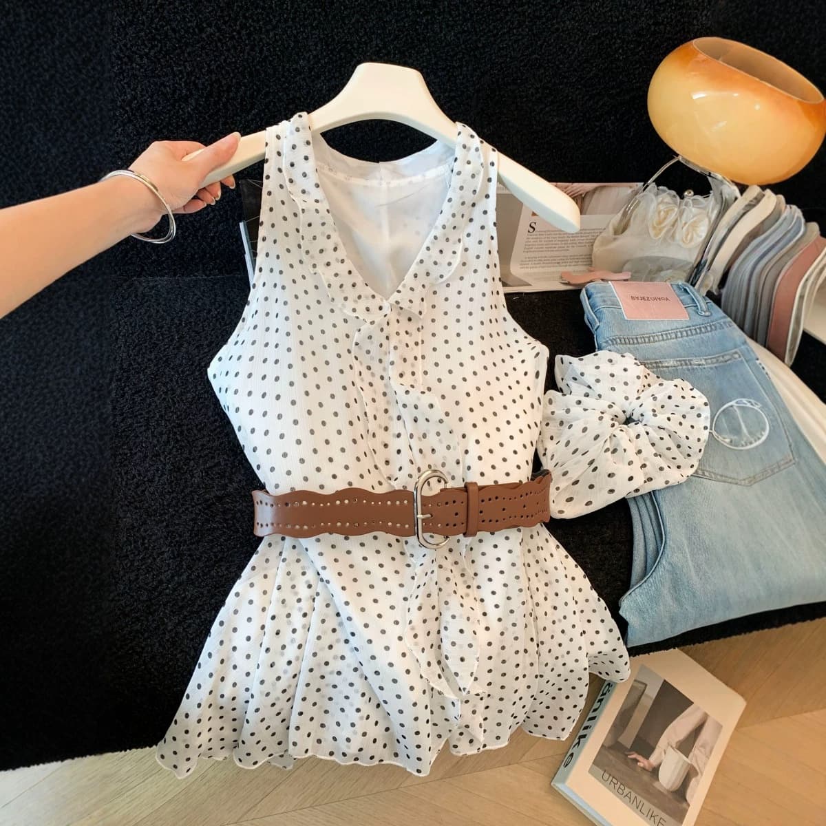 Korean Polka Dot Tie Blouse Women 2026 Summer New Loose Slim Flattering Ruffle Sleeveless Top