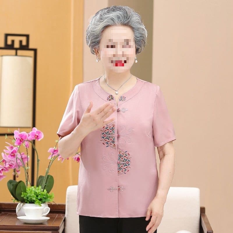 Mother's Summer Short-Sleeve Blouse, Fashionable Top for Middle-Aged and Elderly Women, Grandma Summer Set