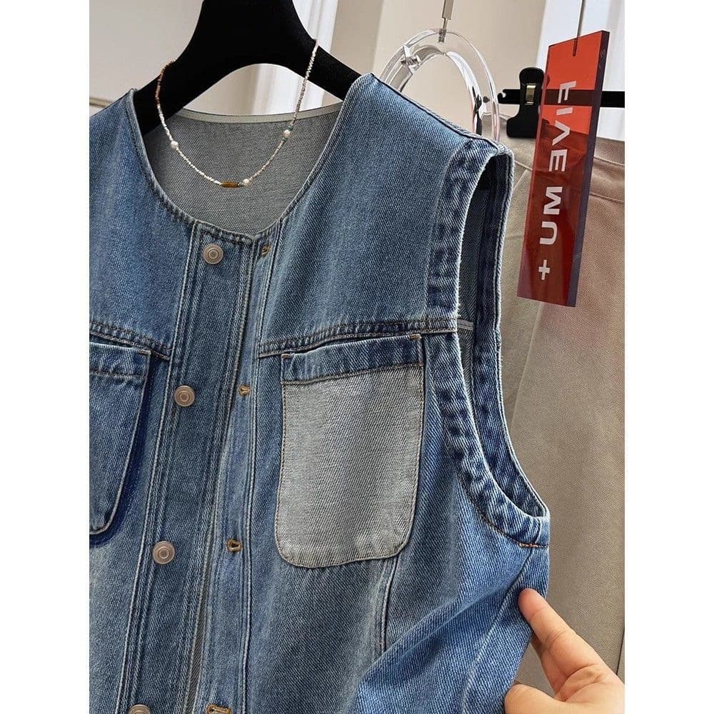 Korean-style fashionable contrast pocket layered denim vest for men and women, spring outerwear loose sleeveless jacket