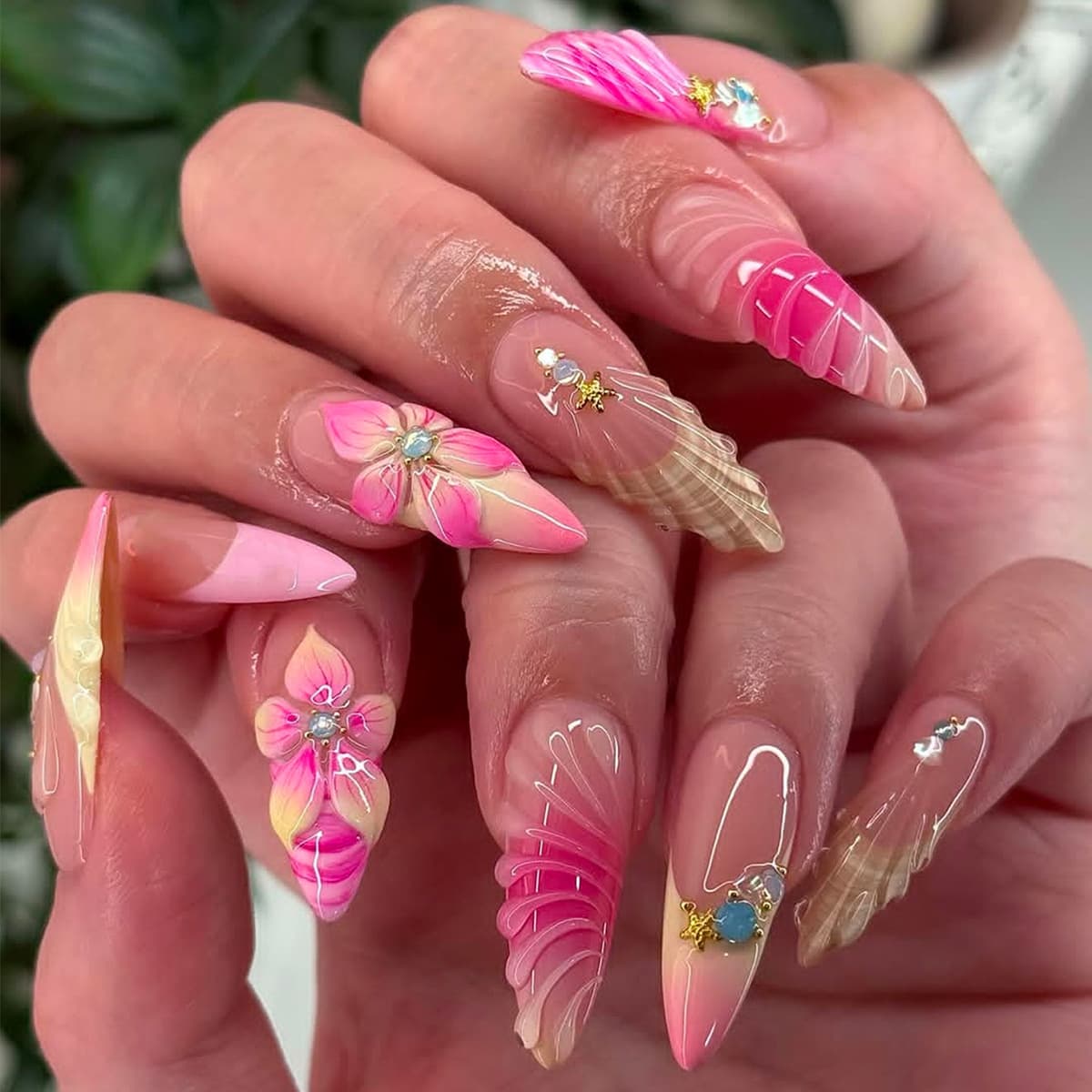 24-Piece Almond-Shaped 3D Gel Relief Pink Flower European and American Ins Style Press-On Nails Fake Nail Tips