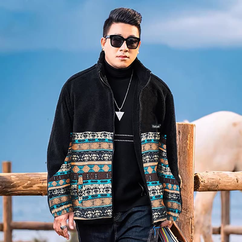 Winter Thickened Patchwork Stand Collar Lambswool Jacket Men's Trendy Plus Size Fleece Jacket