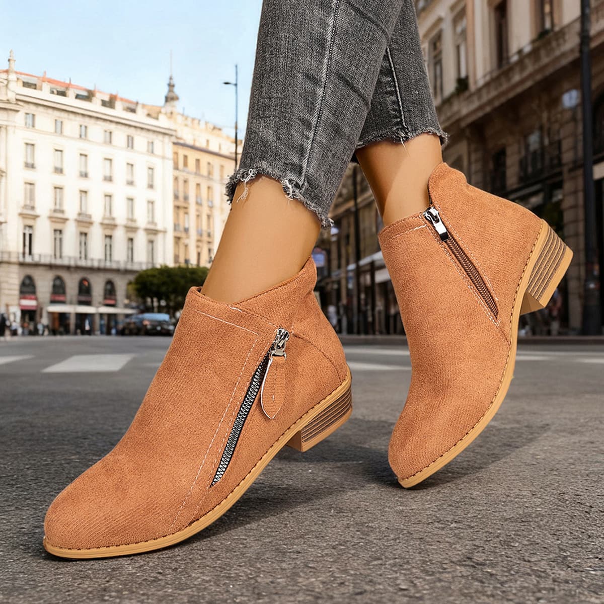 Wish Platform Women's Chunky Heel Martin Boots, Suede, Low Heel, Side Zipper, Short Boots, 2026