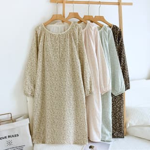 Pure Cotton Gauze Small Floral Long-Sleeve Nightgown for Women, 2026 New Spring/Summer Lightweight Cotton Sleepwear Loungewear Dress