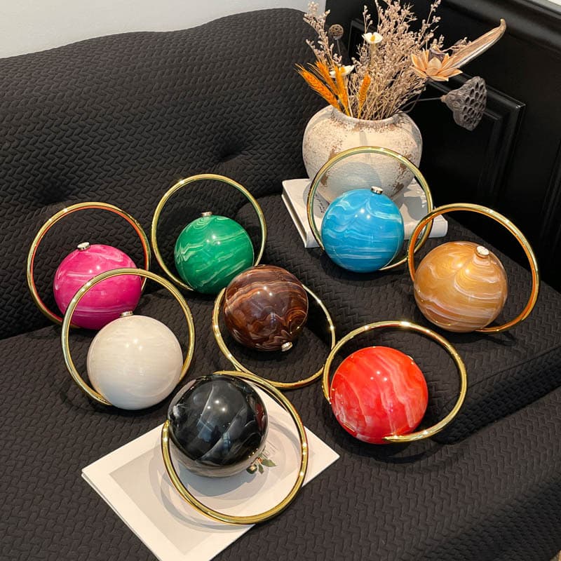 Cross-Border Evening Clutch Bag, Spherical Clutch Bag with Electroplated Handle, High-End Handbag with Marble Pattern, Simple and High-End Bag