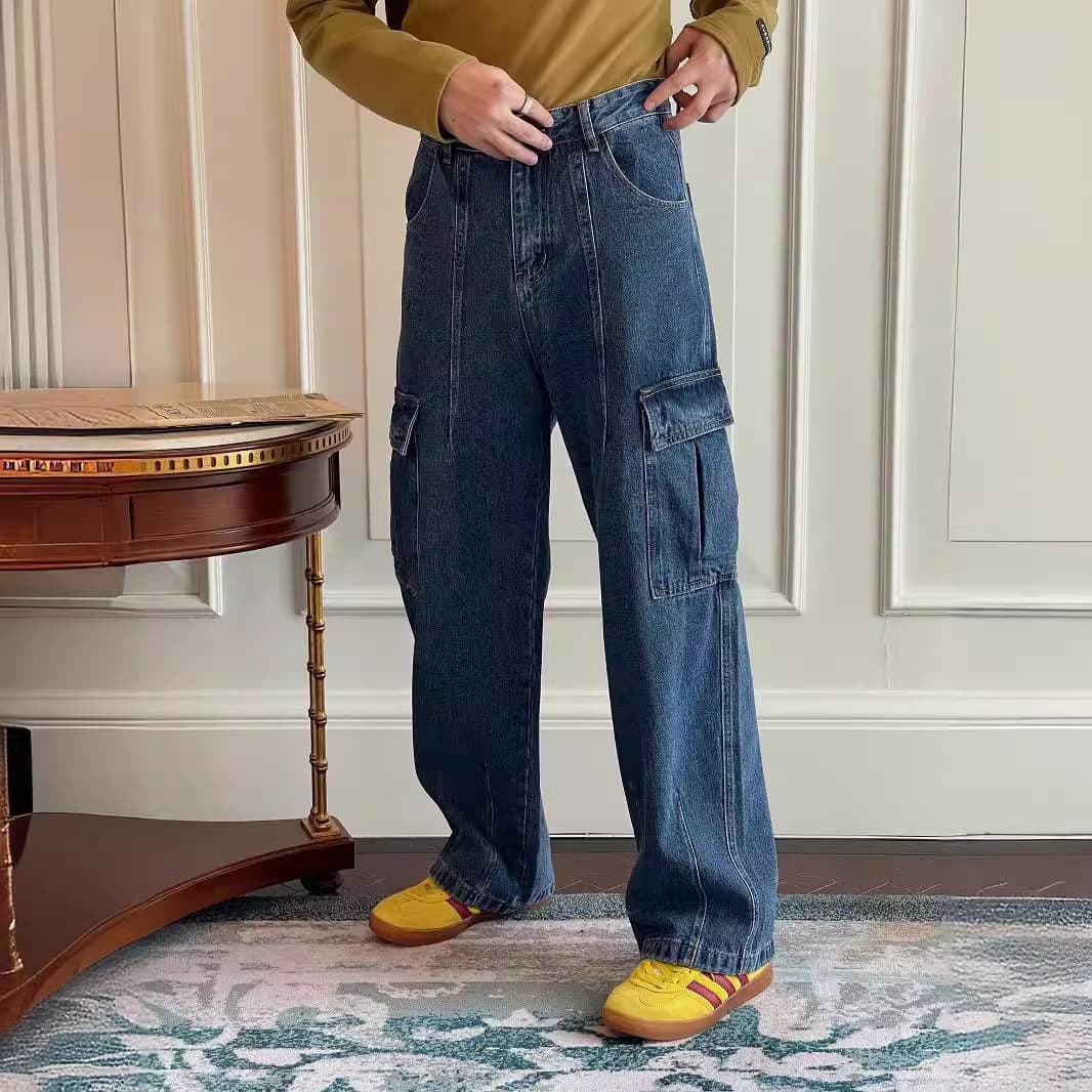 American High Street Multi-Pocket Straight Leg Jeans for Men Spring/Autumn Casual Loose Retro Workwear Wide Leg Pants
