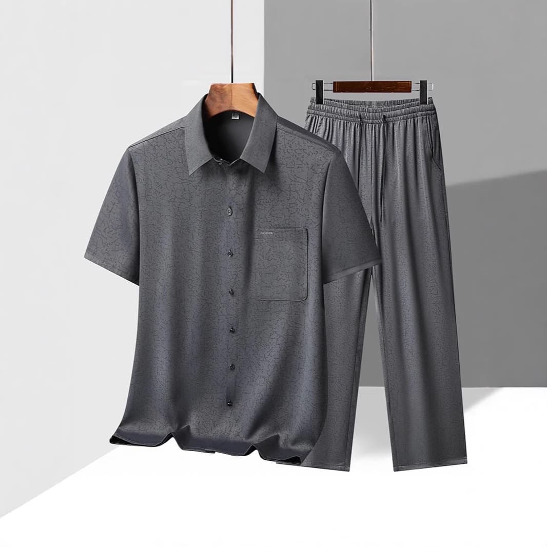 Summer Ice Silk Thin Men's Suit, Middle-Aged and Elderly Short-Sleeved Shirt, Men's Loose Shirt, Dad Summer Suit Two-Piece Set