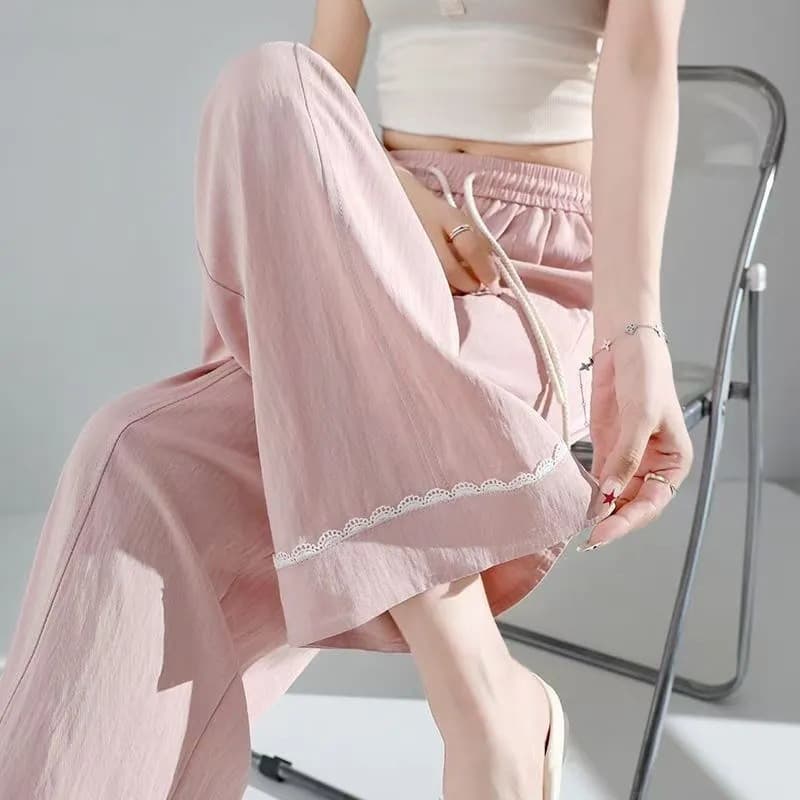 Little Ice Silk Lace Pink Wide Leg Nine-Point Spliced Pants Women's Casual Pants Summer New Style High Waisted Loose Straight Legs