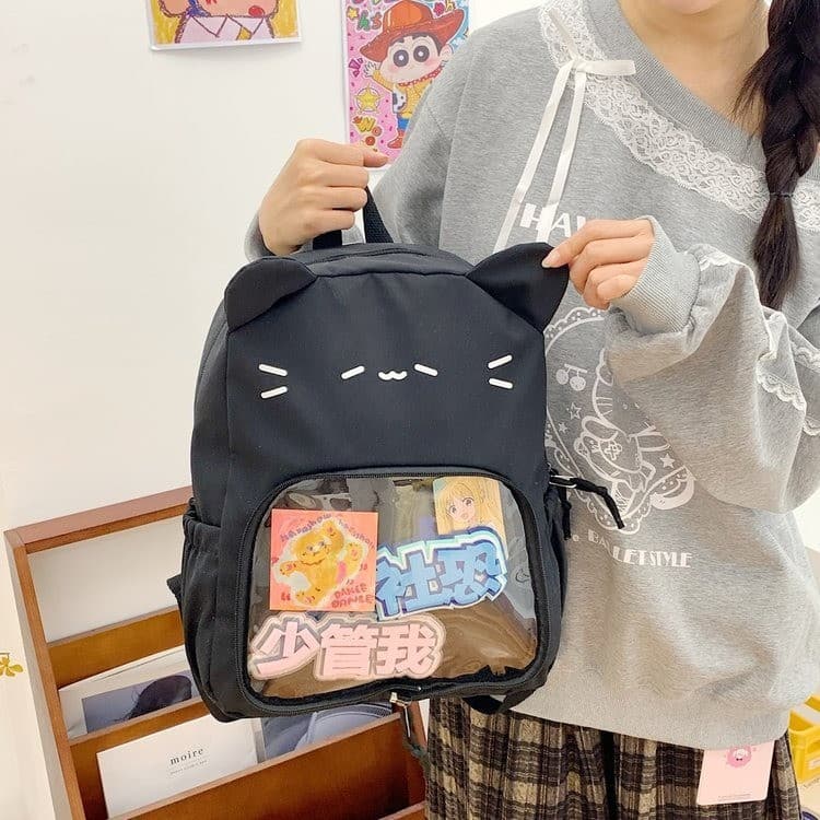 Detachable Backpack Ita Bag Kaomoji Black Cat Badge Pin Display Bag for Middle High School Students Schoolbag Women Anime Convention Doll Bag