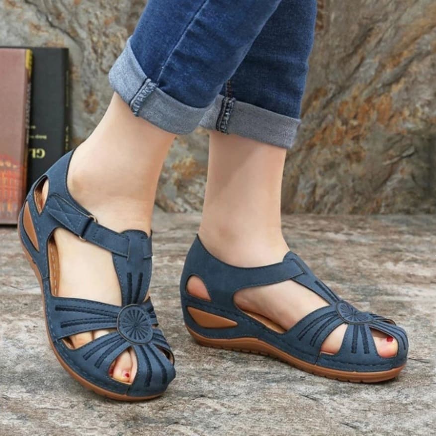 2024 Round Toe Laser European American Stitching New Women's Shoes Summer Hollow Sandals Women Plus Size Hollow Women's Shoes Wedge Heel