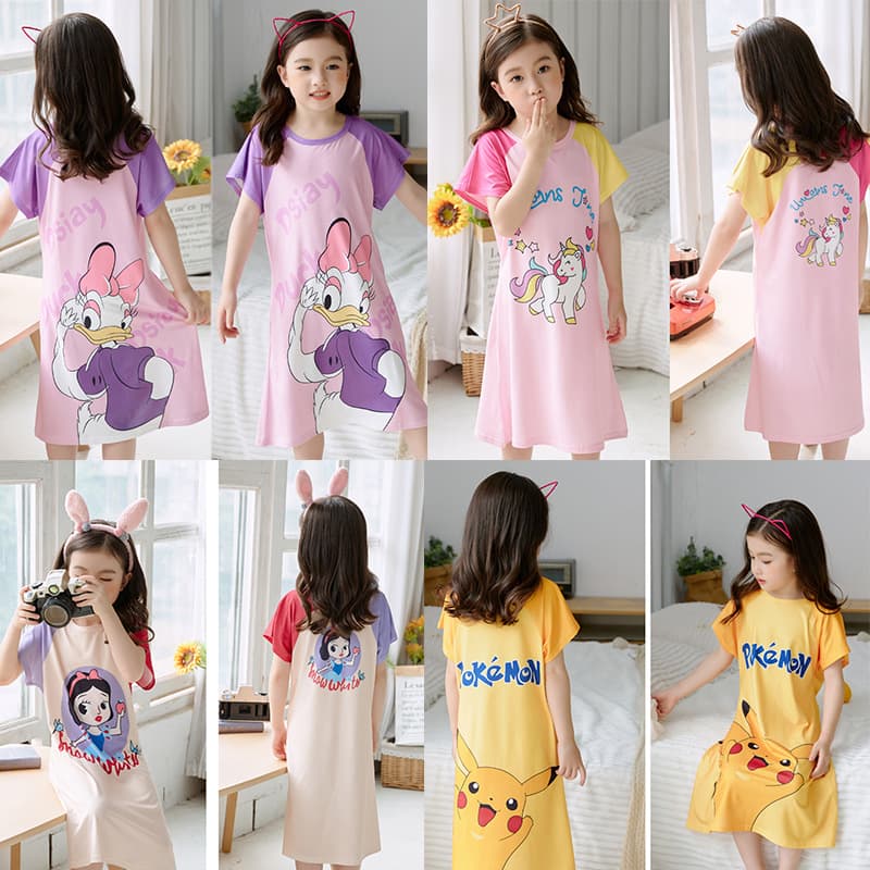 Girls' Summer Short-Sleeve Sleep Dress, Princess Kids' Nightgown, Cartoon Pajamas, Homewear
