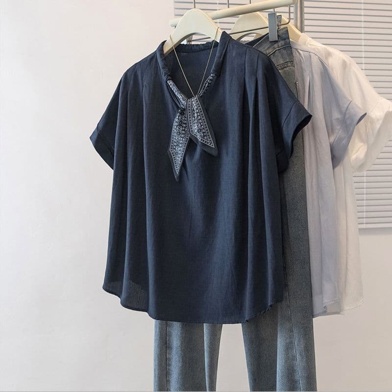 Plus Size Korean Style Tie Patch Short Sleeve T-Shirt for Women Summer 2026 New Loose Fitting Slimming Flattering Top