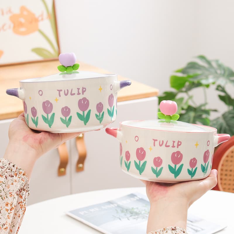 Tulip Double-Eared Instant Noodle Bowl with Lid, Ins-Style Ceramic Soup and Rice Bowl, Student Dormitory Instant Noodle Bowl, Fruit Salad Bowl
