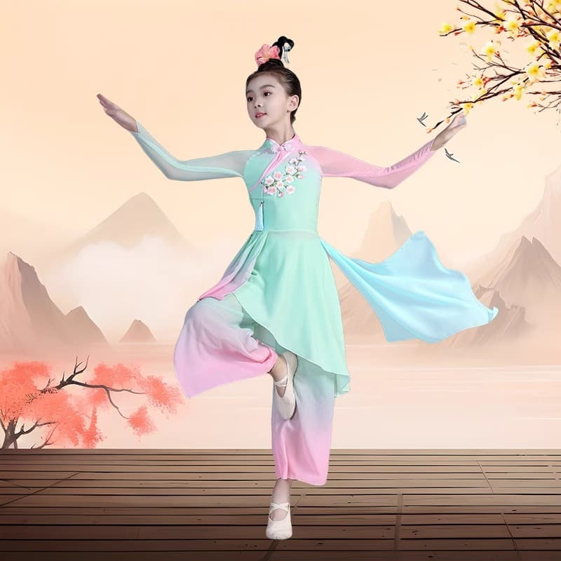 Children's Classical Dance Performance Costume Chinese Ethnic Dance Girl Group Fan Dance Umbrella Dance Lightly Made Up Yet Naturally Graceful Dancewear